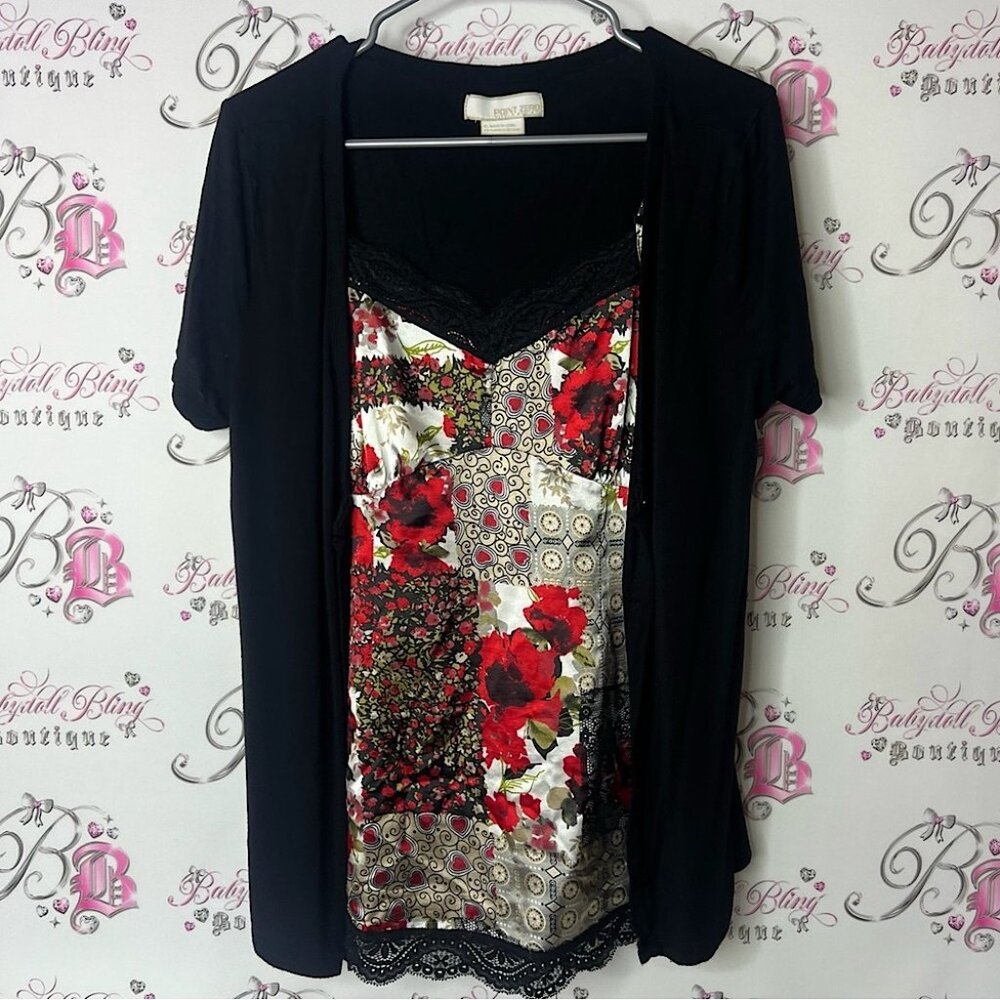 Point zero top shirt camisole tshirt Floral Black and Red Women's Top
